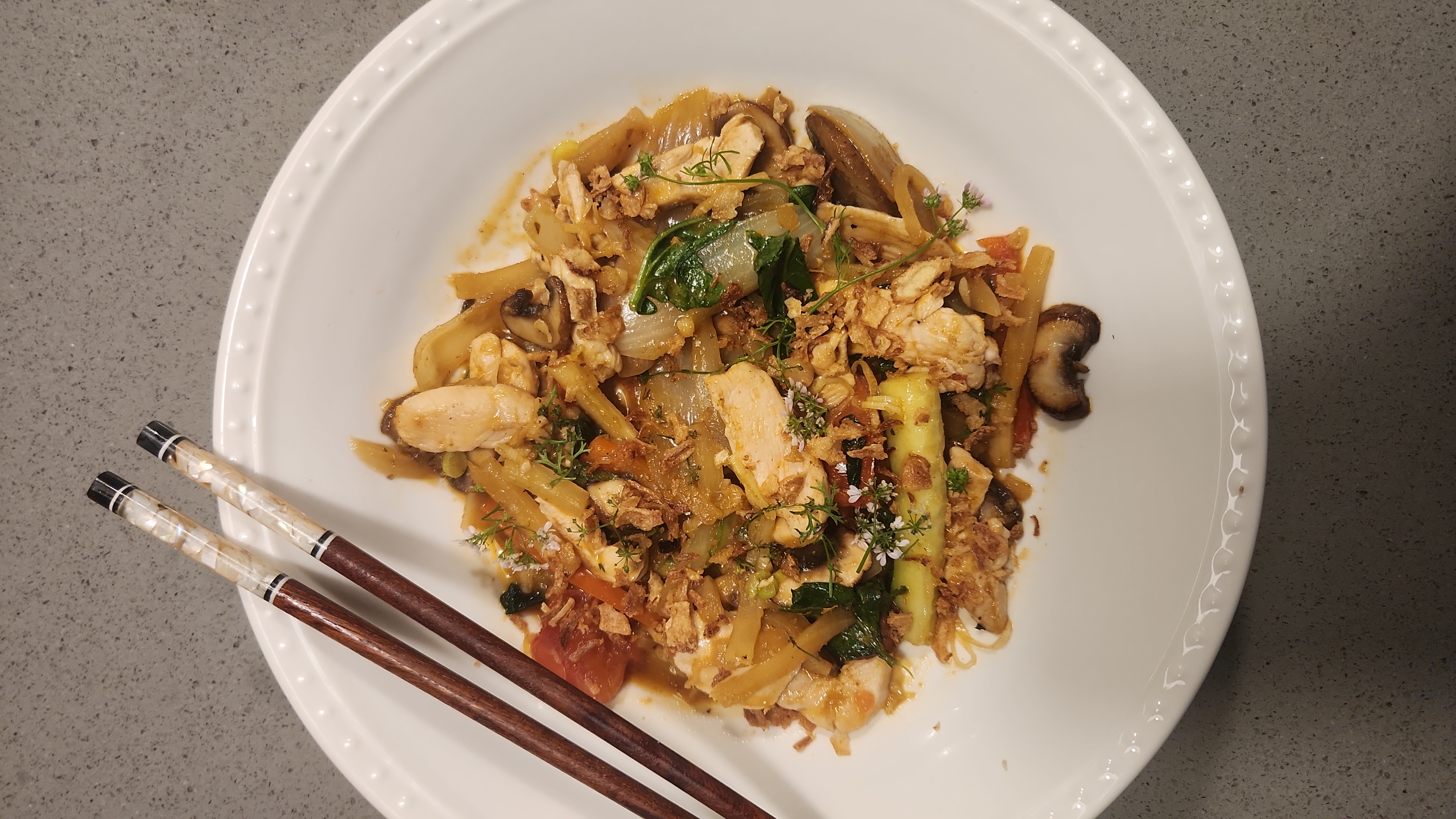 Char Kway Teow stir-fried rice noodles with prawns and Chinese sausage