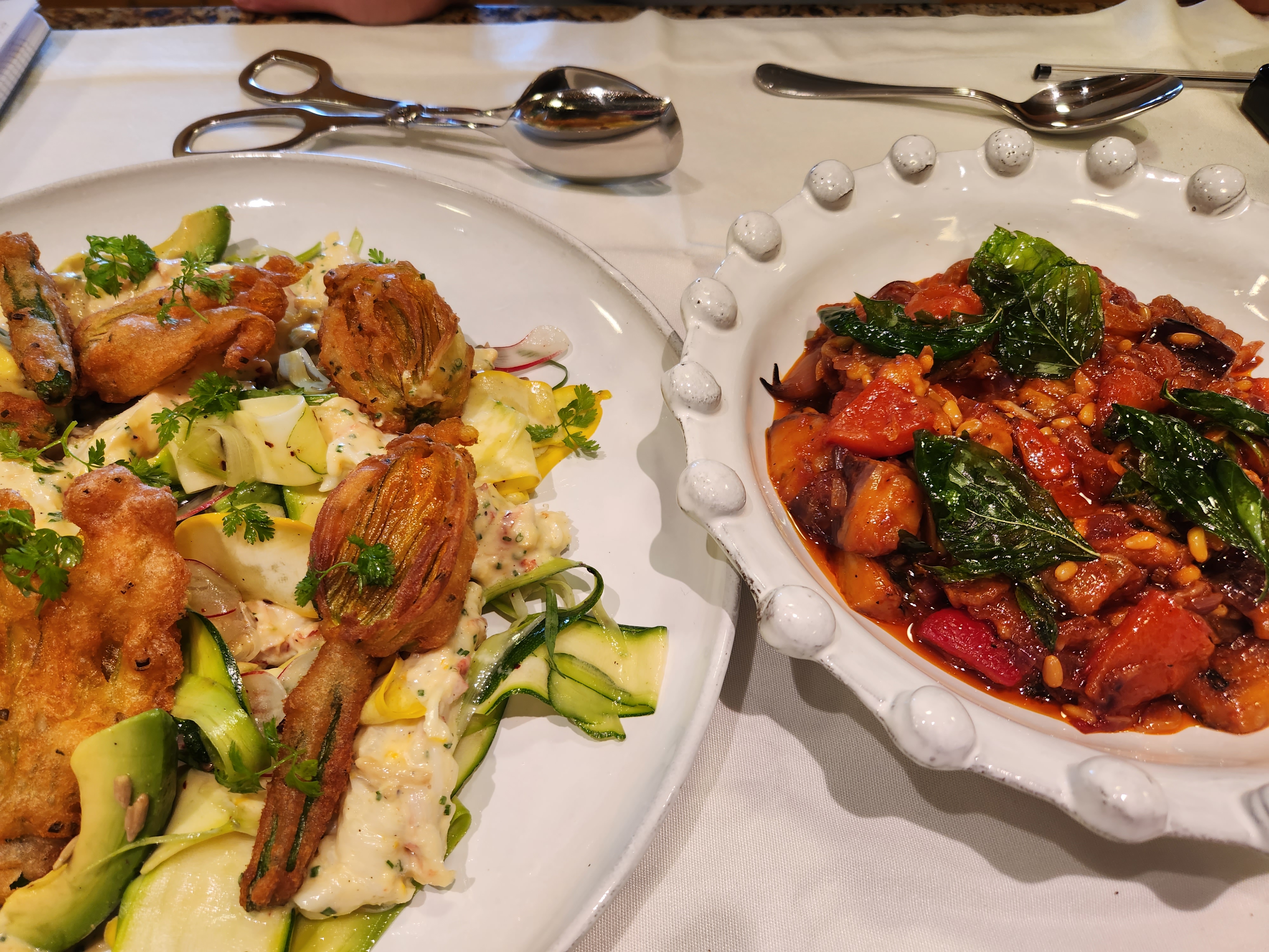 Zucchini, avocado and ricotta with caponata and basil